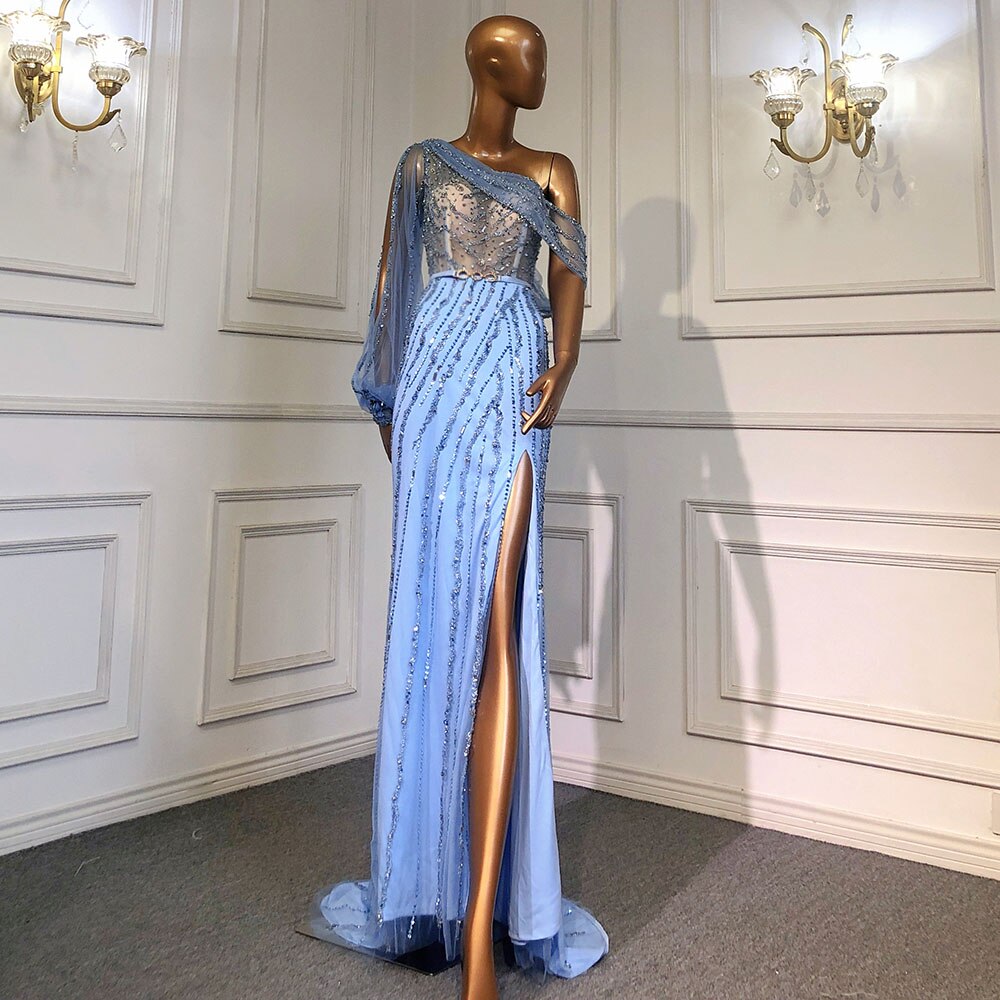 Nude High Split Meerjungfrau Abendkleider Kleider 2025 Luxus Perlen Eine Schulter Elegant Für Frauen Party LA70258 