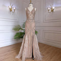 Vestidos de noche de sirena de lujo color piel, 2025, con cuentas y plumas, elegantes para mujer, para fiesta de boda LA71868 