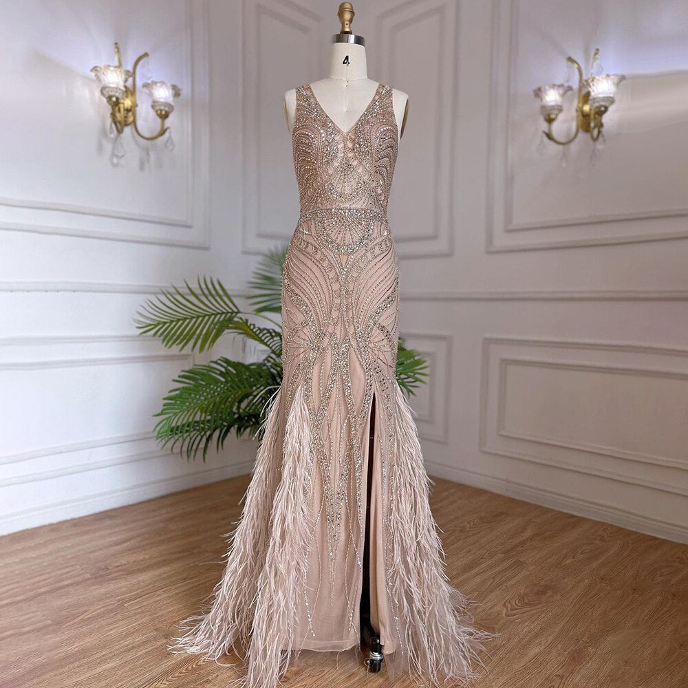 Vestidos de noche de sirena de lujo color piel, 2025, con cuentas y plumas, elegantes para mujer, para fiesta de boda LA71868 