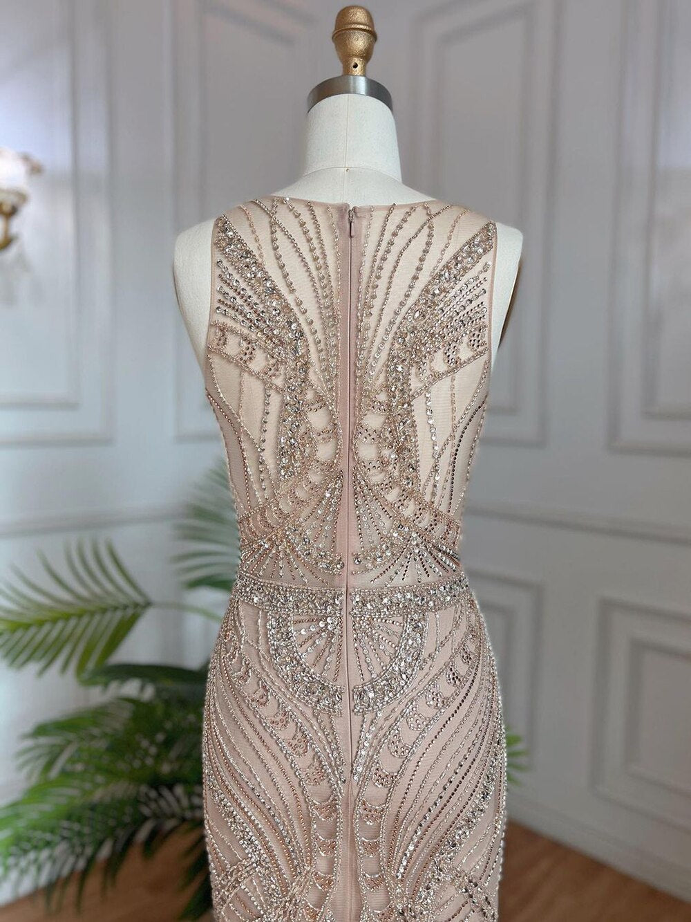 Vestidos de noche de sirena de lujo color piel, 2025, con cuentas y plumas, elegantes para mujer, para fiesta de boda LA71868 