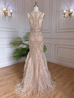 Vestidos de noche de sirena de lujo color piel, 2025, con cuentas y plumas, elegantes para mujer, para fiesta de boda LA71868 