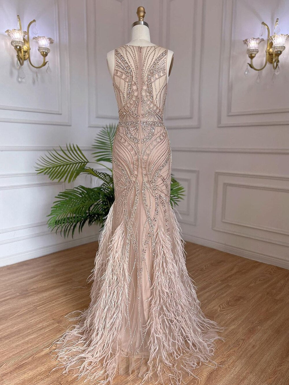 Vestidos de noche de sirena de lujo color piel, 2025, con cuentas y plumas, elegantes para mujer, para fiesta de boda LA71868 