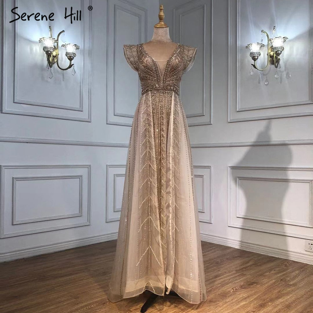Vestidos de noche de lujo color piel con sobrefalda, vestidos de sirena con cuentas, sexys para mujer, fiesta LA71335 