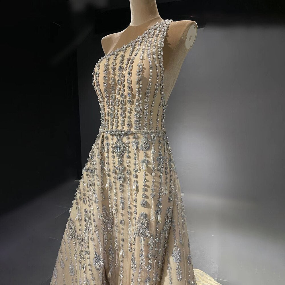 Nude Mermaid Elegante Abendkleider Kleider 2025 Perlen Luxus One-Shoulder Für Frauen Party LA71538 
