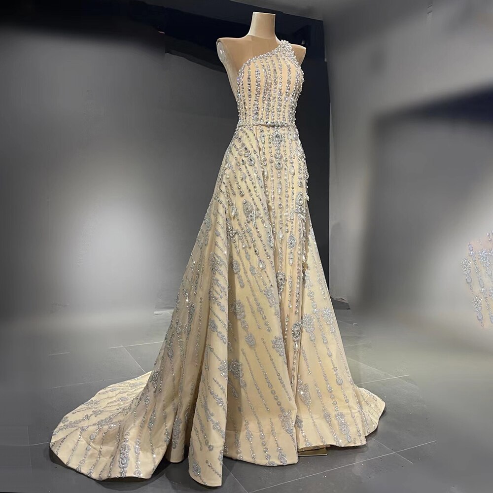 Nude Mermaid Elegante Abendkleider Kleider 2025 Perlen Luxus One-Shoulder Für Frauen Party LA71538 