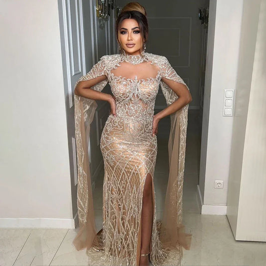 Nude Mermaid Elegant High Collar Cape Sleeves Luxury Beaded Evening Dresses Gowns 2025 For Women Party LA71747