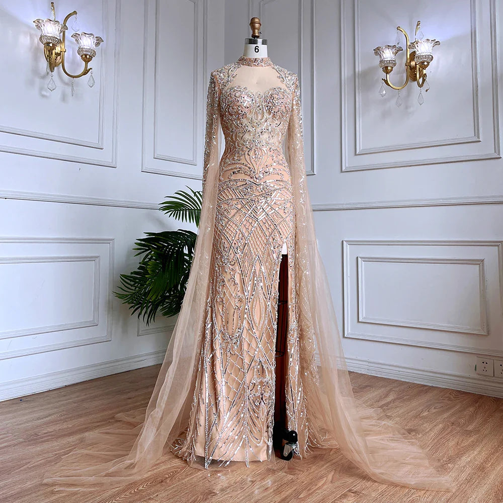 Nude Mermaid Elegante Hohe Kragen Cape Ärmel Luxus Perlen Abendkleider Kleider 2025 Für Frauen Party LA71747 