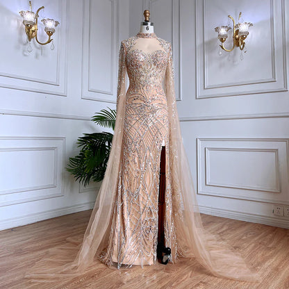Nude Mermaid Elegant High Collar Cape Sleeves Luxury Beaded Evening Dresses Gowns 2025 For Women Party LA71747