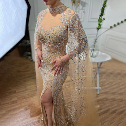 Nude Mermaid Elegant High Collar Cape Sleeves Luxury Beaded Evening Dresses Gowns 2025 For Women Party LA71747