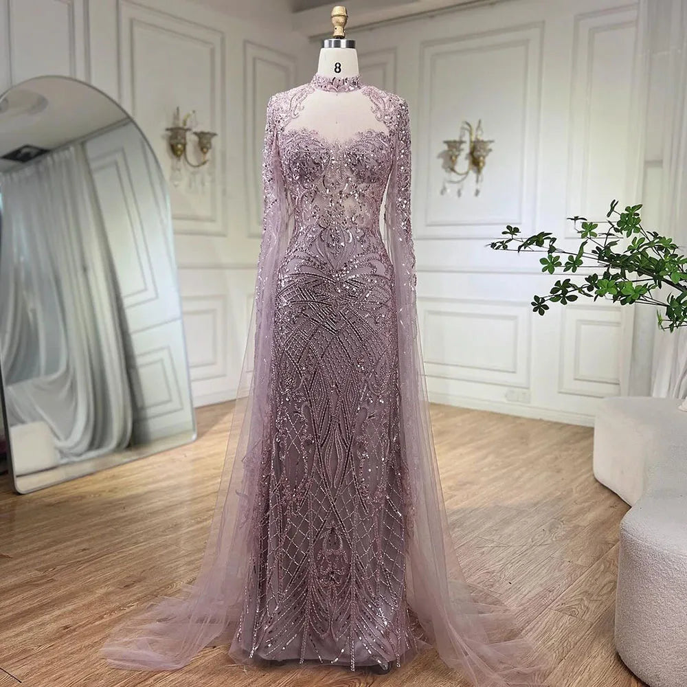 Nude Mermaid Elegante Hohe Kragen Cape Ärmel Luxus Perlen Abendkleider Kleider 2025 Für Frauen Party LA71747 
