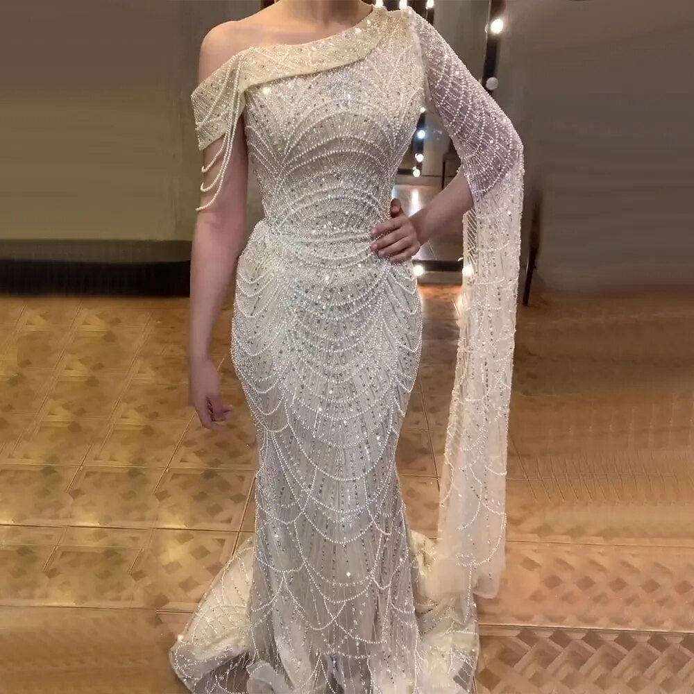 Nude Mermaid One Shoulder Pearls Beaded Luxury Evening Dress Gown LA72139