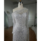 Nude Mermaid One Shoulder Pearls Beaded Luxury Evening Dress Gown LA72139