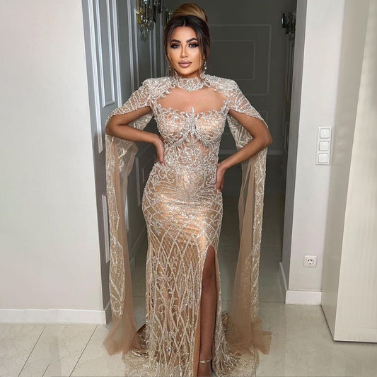 Nude Mermaid Elegant Sexy High Collar Cape Sleeves Luxury Beaded Evening Dresses Gowns 2025 For Women Party LA71747