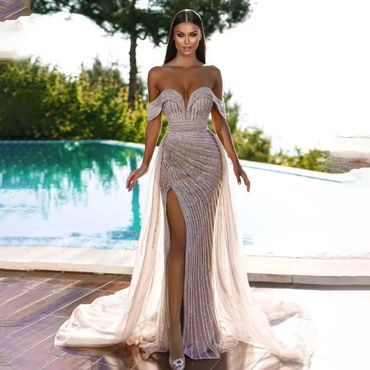 Nude Mermaid Elegant With Overskirt  Off  Shoulder Beaded Split Evening Dresses Gowns For Woman Party 2024 LA71728