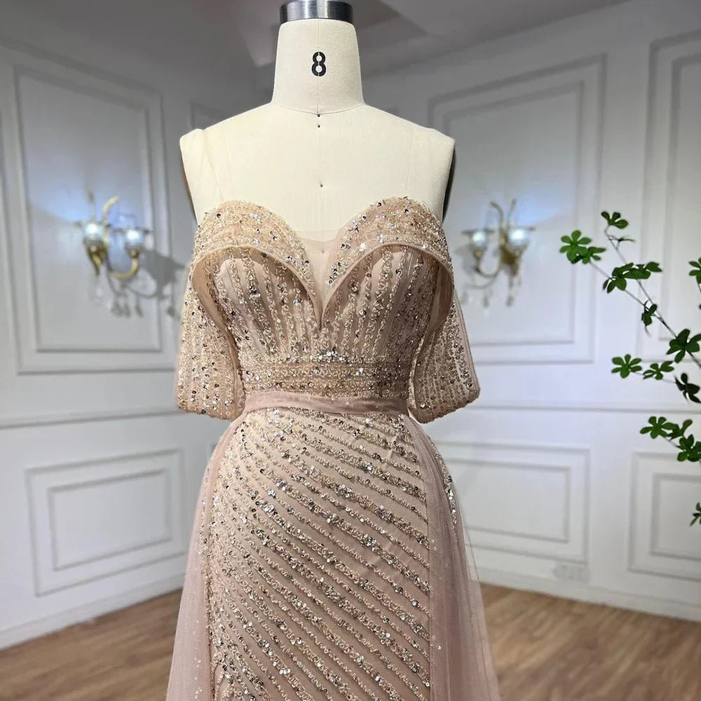 Nude Mermaid Elegant With Overskirt  Off  Shoulder Beaded Split Evening Dresses Gowns For Woman Party 2024 LA71728