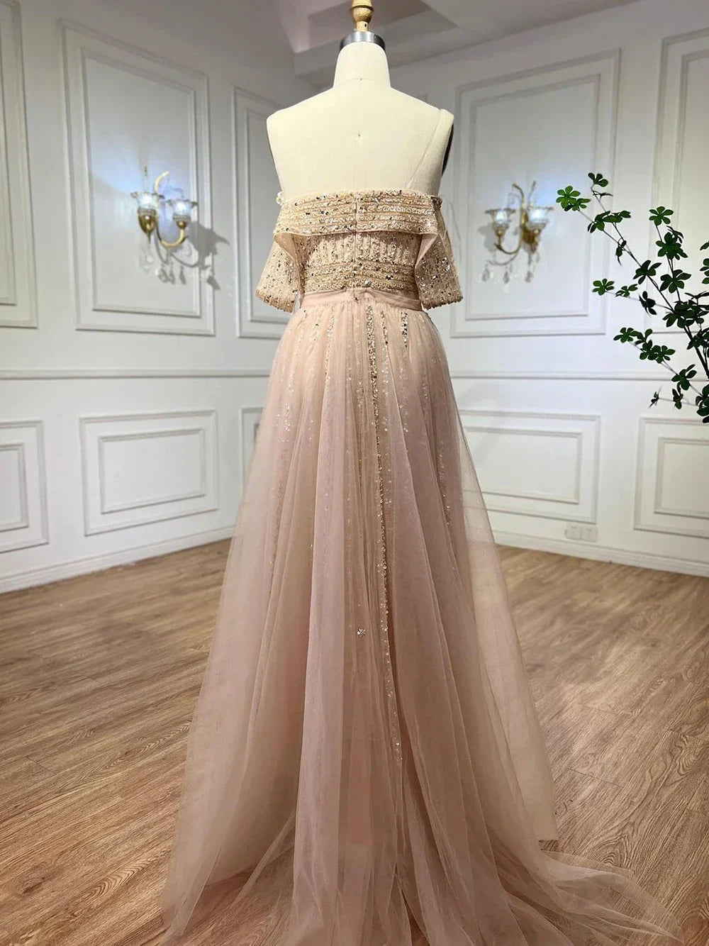 Nude Mermaid Elegant Mit Überrock Off Schulter Perlen Split Abendkleider Kleider Für Frau Party 2024 LA71728 