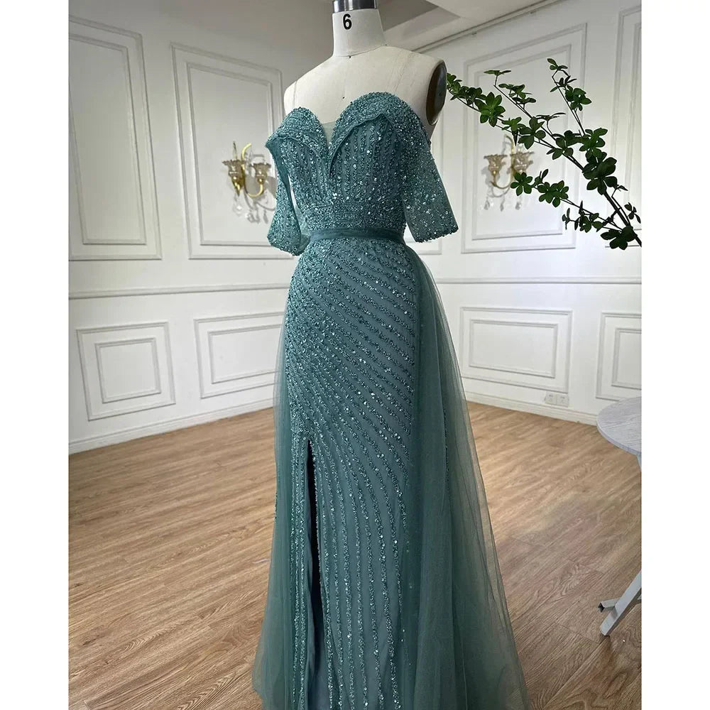 Nude Mermaid Elegant With Overskirt  Off  Shoulder Beaded Split Evening Dresses Gowns For Woman Party 2024 LA71728