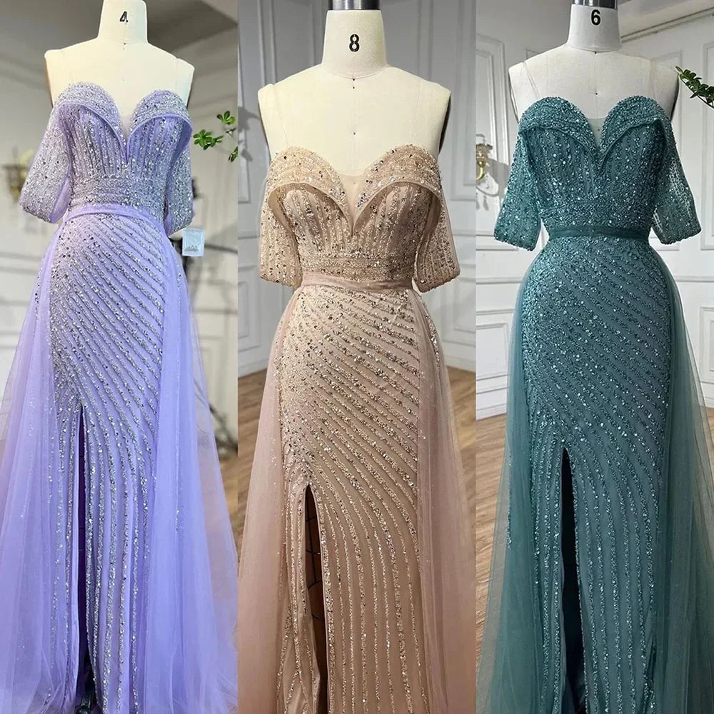 Nude Mermaid Elegant Mit Überrock Off Schulter Perlen Split Abendkleider Kleider Für Frau Party 2024 LA71728 