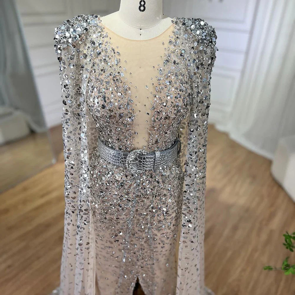 Nude Mermaid Evening Gown with Luxury Cape Sleeves Beaded Elegance and Backless for Women's Party 2025 LA71561