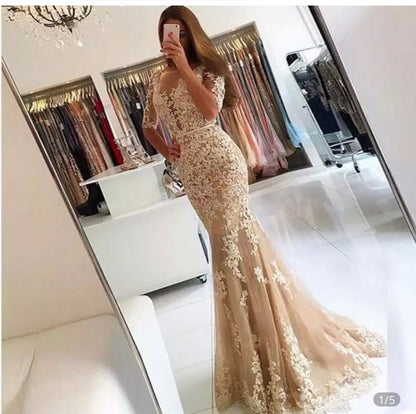 Vestidos de noche musulmanes de lujo con encaje de sirena color nude y cuentas, vestidos de fiesta 2025 para mujer LA71193 
