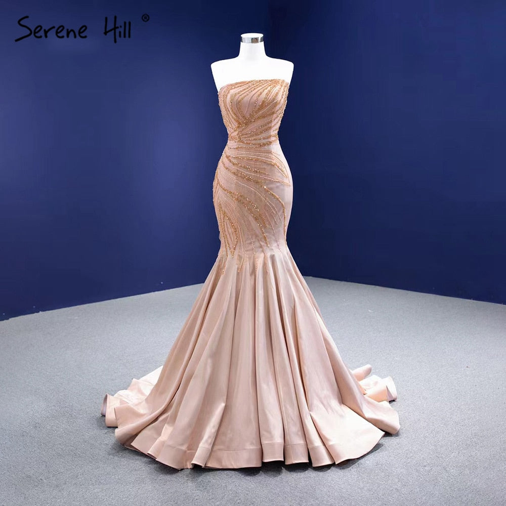 Vestidos de noche sexys de sirena color piel, elegantes, de alta gama, con cuentas, para mujer, para fiesta, HM67320 