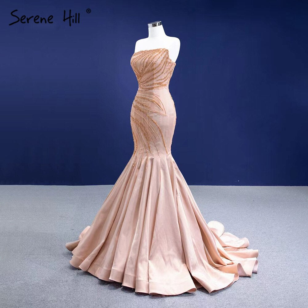 Vestidos de noche sexys de sirena color piel, elegantes, de alta gama, con cuentas, para mujer, para fiesta, HM67320 