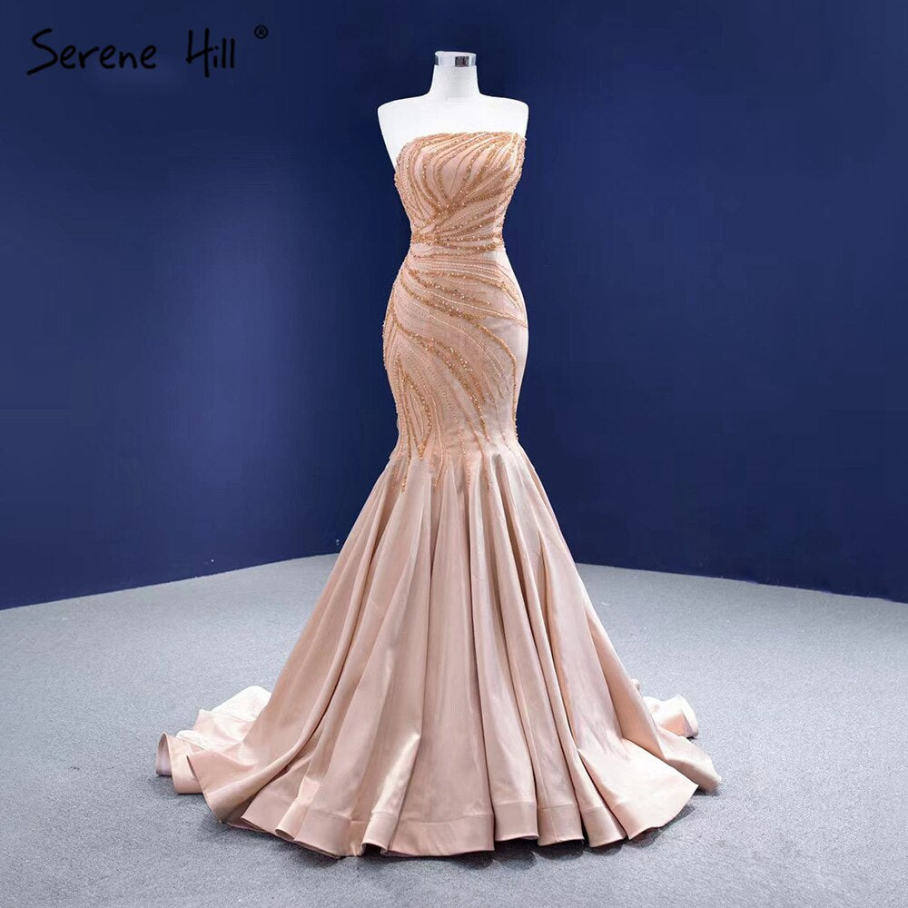 Vestidos de noche sexys de sirena color piel, elegantes, de alta gama, con cuentas, para mujer, para fiesta, HM67320 
