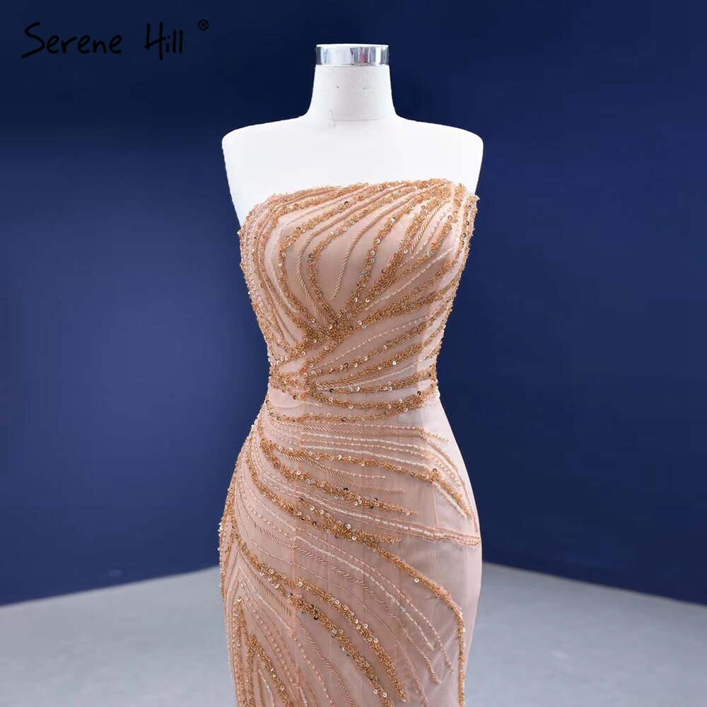 Vestidos de noche sexys de sirena color piel, elegantes, de alta gama, con cuentas, para mujer, para fiesta, HM67320 