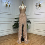 Nude Mermaid Sexy Halter High Split Perlen Arabische Abendkleider Kleider Für Frauen Hochzeit Party 2025 LA72025 