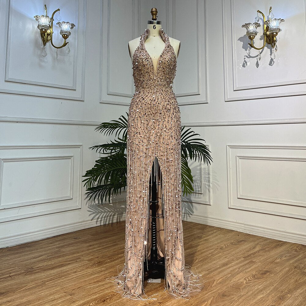 Nude Mermaid Sexy Halter High Split Perlen Arabische Abendkleider Kleider Für Frauen Hochzeit Party 2025 LA72025 