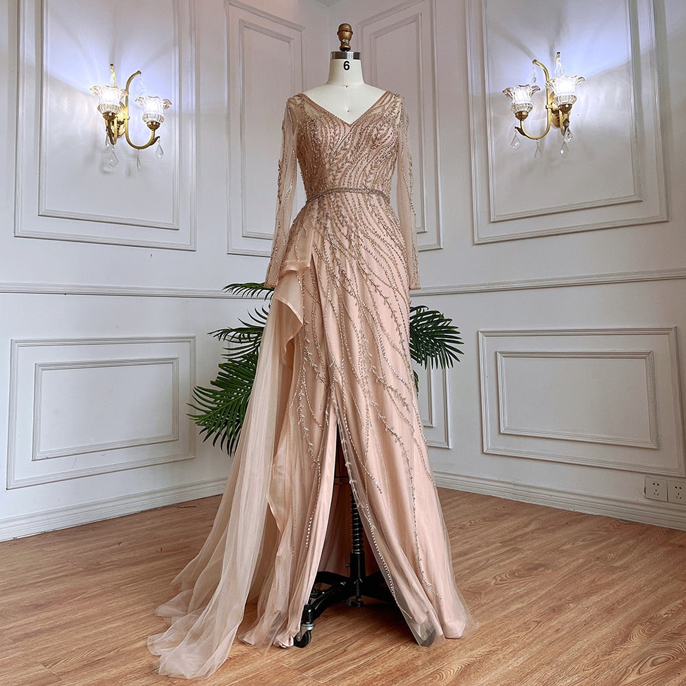 Nude Mermaid Sexy High Split With Skirt Beaded Long Evening Dresses Gowns For Women Wedding Party 2025 LA71944