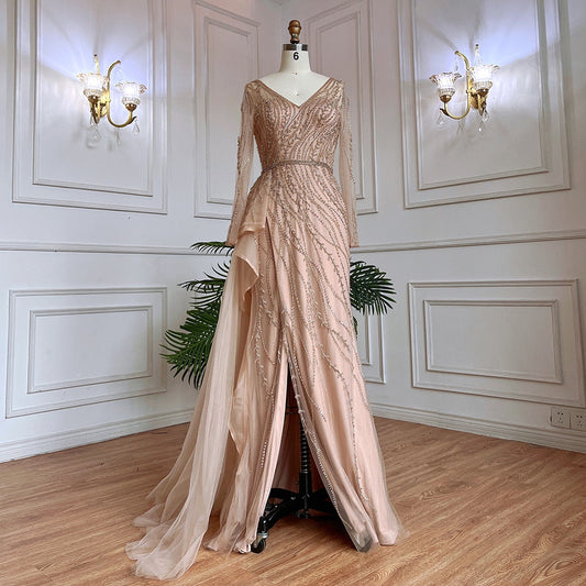 Nude Mermaid Sexy High Split With Skirt Beaded Long Evening Dresses Gowns For Women Wedding Party 2025 LA71944
