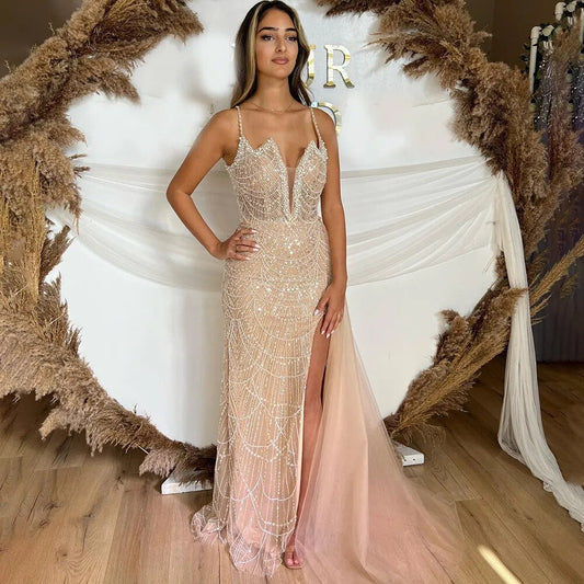 Nude Mermaid Sexy Spaghetti Straps High Split Beaded Arabic Long Evening Dresses Gowns 2025 For Women Party LA72189