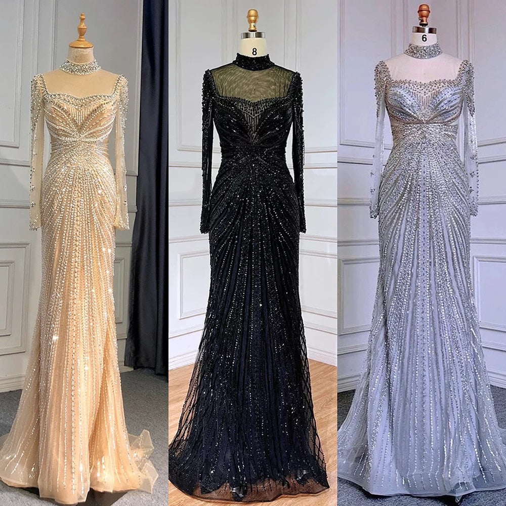 Luxuriöses Champagner-Meerjungfrauen-Abendkleid mit abnehmbarem Überrock LA71533