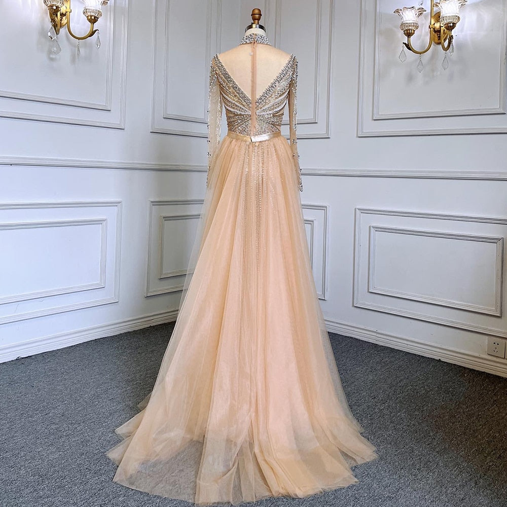 Luxuriöses Champagner-Meerjungfrauen-Abendkleid mit abnehmbarem Überrock LA71533
