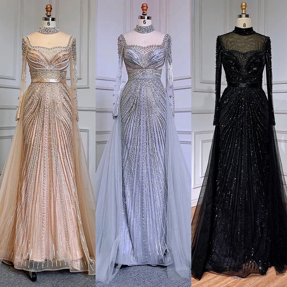 Luxuriöses Champagner-Meerjungfrauen-Abendkleid mit abnehmbarem Überrock LA71533