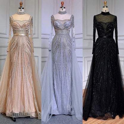 Luxuriöses Champagner-Meerjungfrauen-Abendkleid mit abnehmbarem Überrock LA71533