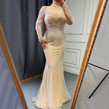 Luxuriöses Champagner-Meerjungfrauen-Abendkleid mit abnehmbarem Überrock LA71533