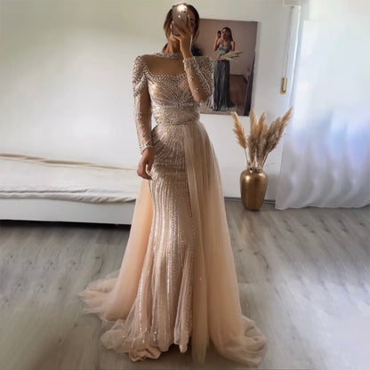 Luxuriöses Champagner-Meerjungfrauen-Abendkleid mit abnehmbarem Überrock LA71533