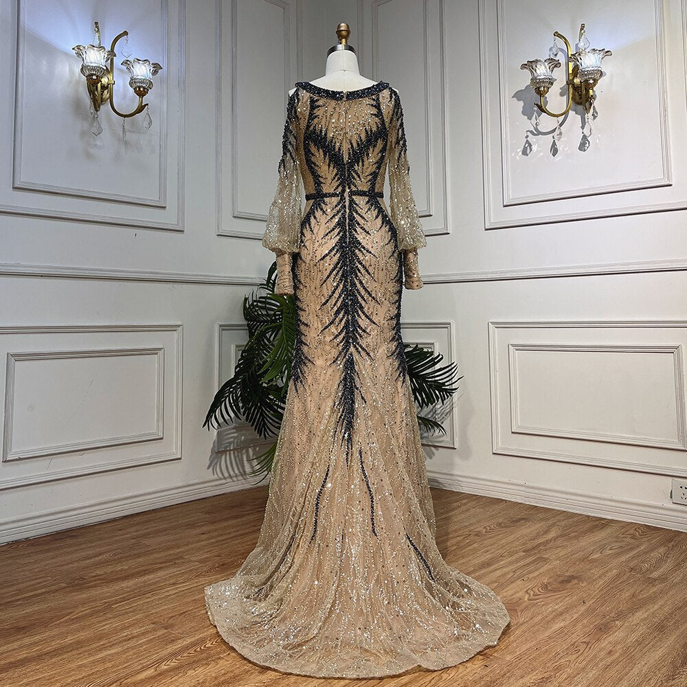 Nude O-neck Long Sleeves Cold Shoulder Evening Dresses Mermaid Beaded Party Gowns For Women LA72008