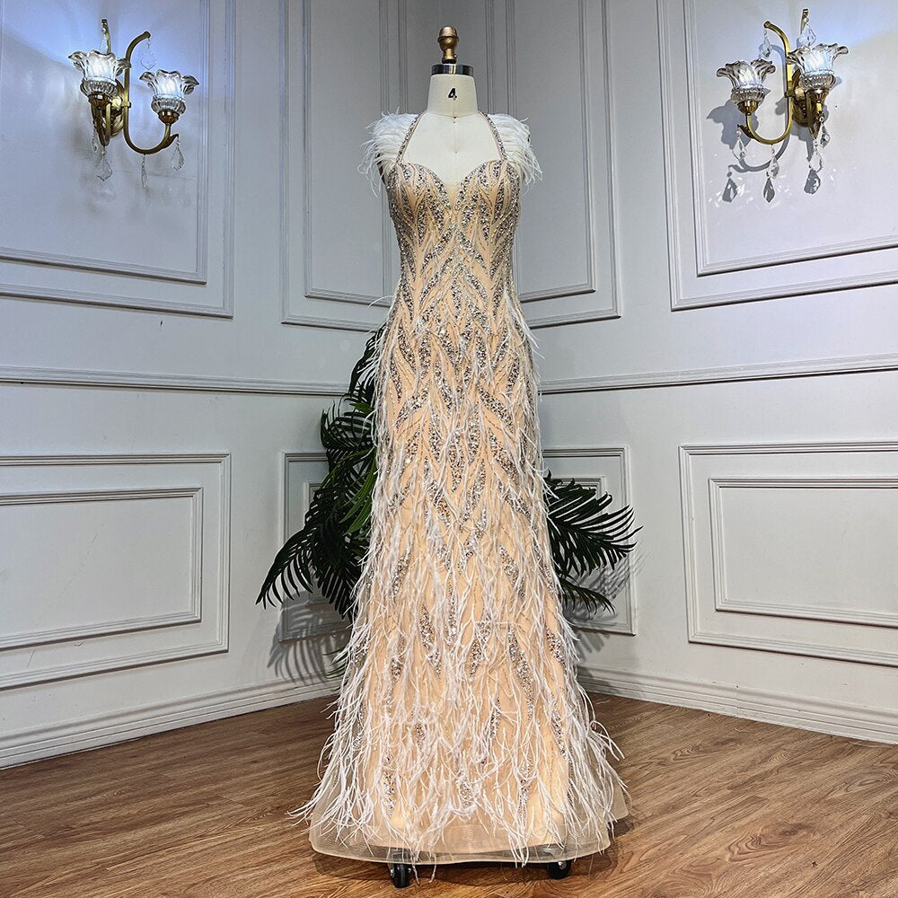 Vestidos de noche de sirena con tirantes finos, de lujo, con plumas y cuentas, estilo Dubái, para mujer, para boda, 2025, LA72010 