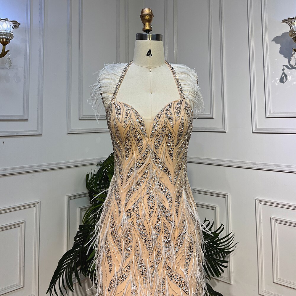 Vestidos de noche de sirena con tirantes finos, de lujo, con plumas y cuentas, estilo Dubái, para mujer, para boda, 2025, LA72010 