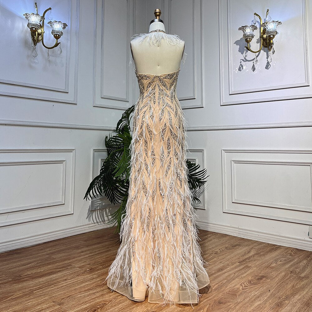 Vestidos de noche de sirena con tirantes finos, de lujo, con plumas y cuentas, estilo Dubái, para mujer, para boda, 2025, LA72010 