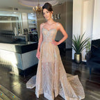 Vestido de fiesta árabe de lujo con escote corazón y cuentas, estilo sirena, color plata nude, sexy, con tirantes finos, formal, de noche, LA71785 