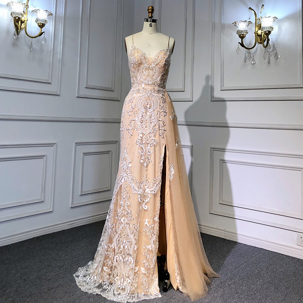 Vestidos de noche de lujo color piel con tirantes finos, estilo sirena, con cuentas, elegante sobrefalda para fiesta, LA71599 