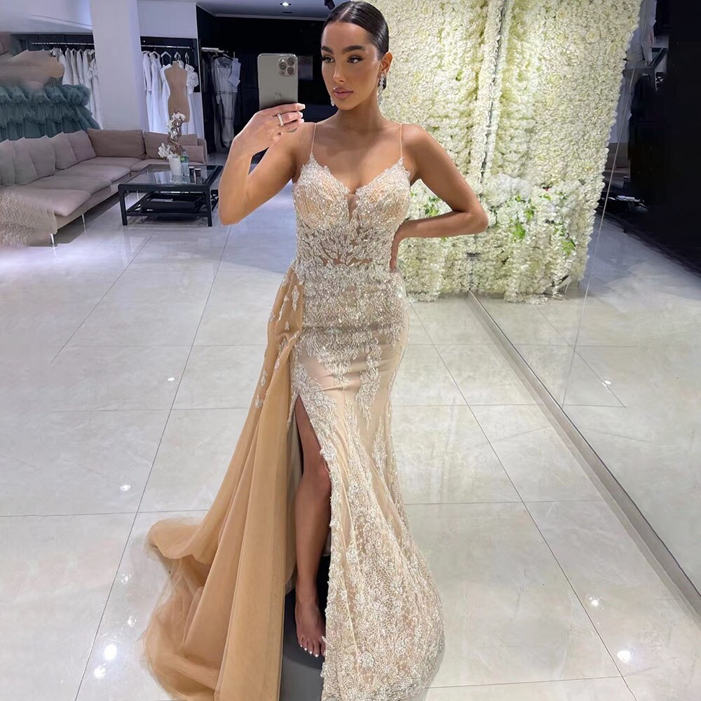 Vestidos de noche de lujo color piel con tirantes finos, estilo sirena, con cuentas, elegante sobrefalda para fiesta, LA71599 
