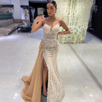 Vestidos de noche de lujo color piel con tirantes finos, estilo sirena, con cuentas, elegante sobrefalda para fiesta, LA71599 