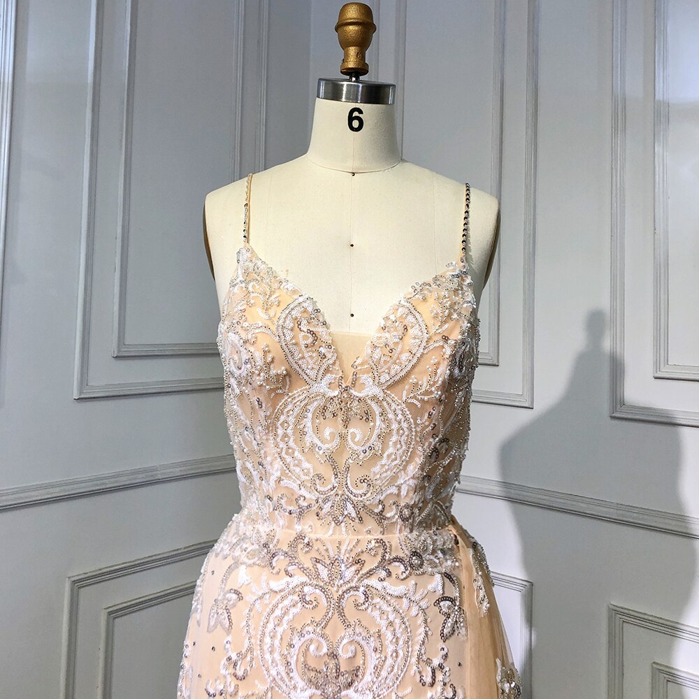 Vestidos de noche de lujo color piel con tirantes finos, estilo sirena, con cuentas, elegante sobrefalda para fiesta, LA71599 