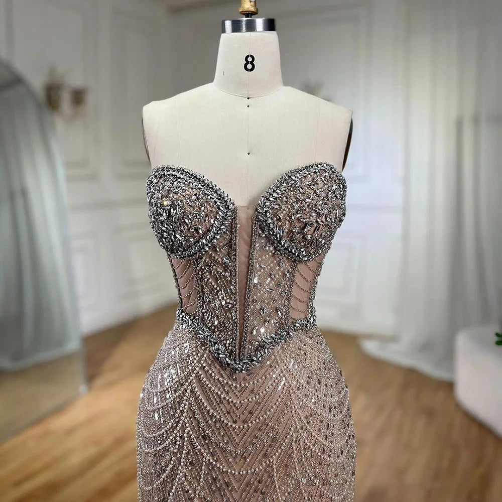 Nude Trägerlose Meerjungfrau Luxus Abendkleider Kleider Und Perlen Design Arabisch 2025 Für Frauen Hochzeit Party LA72249 