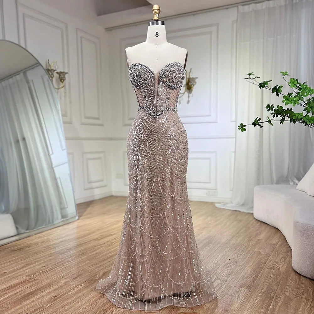 Nude Trägerlose Meerjungfrau Luxus Abendkleider Kleider Und Perlen Design Arabisch 2025 Für Frauen Hochzeit Party LA72249 